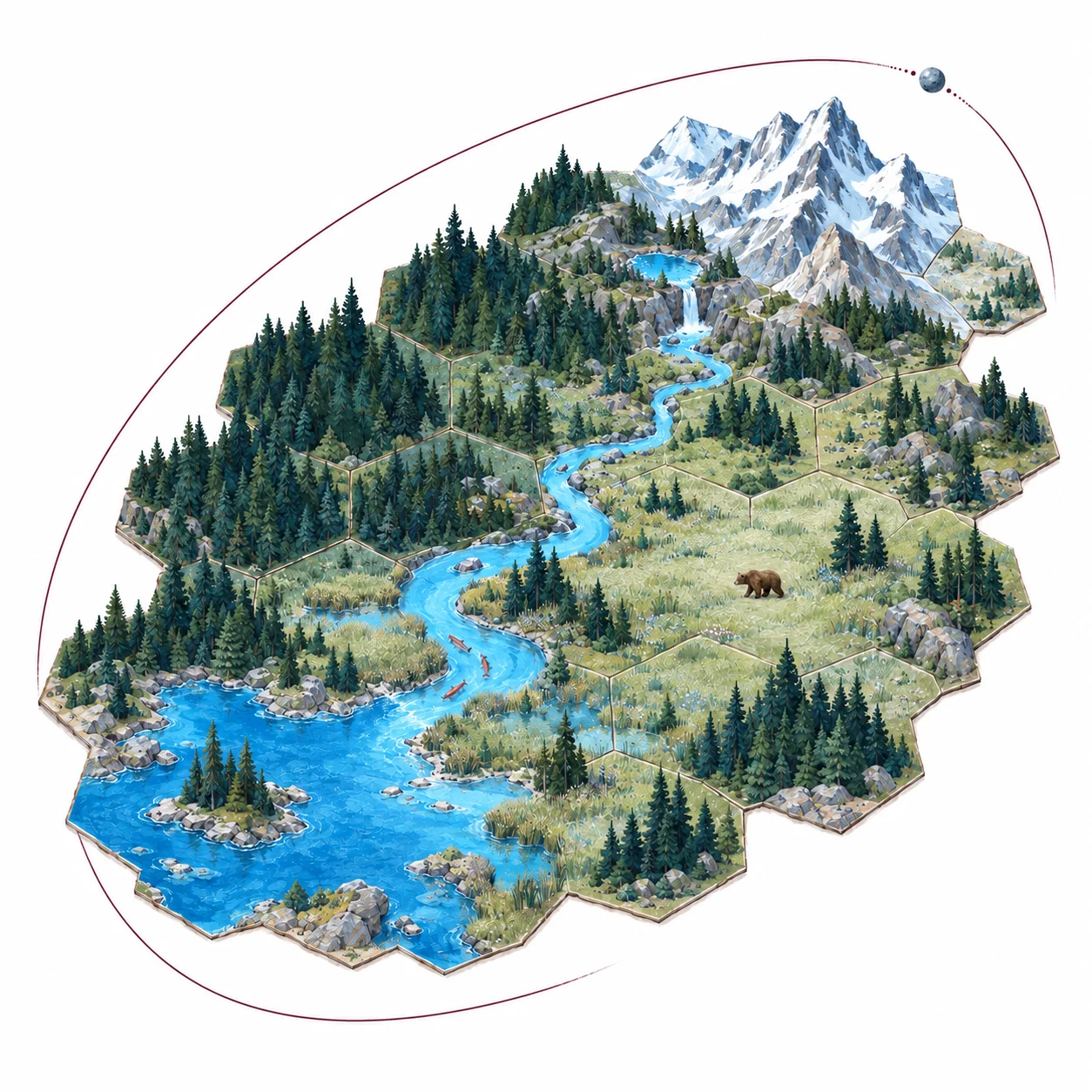 An illustrated landscape of connected forest, mountain, meadow and river tiles, with an orbit overhead.