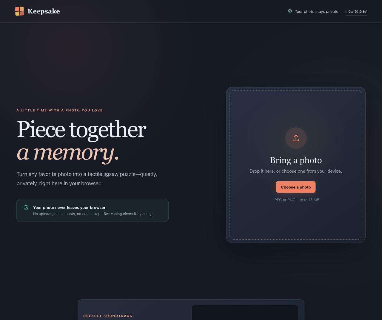 Keepsake's start page: a private photo picker, puzzle presets and the featured soundtrack.