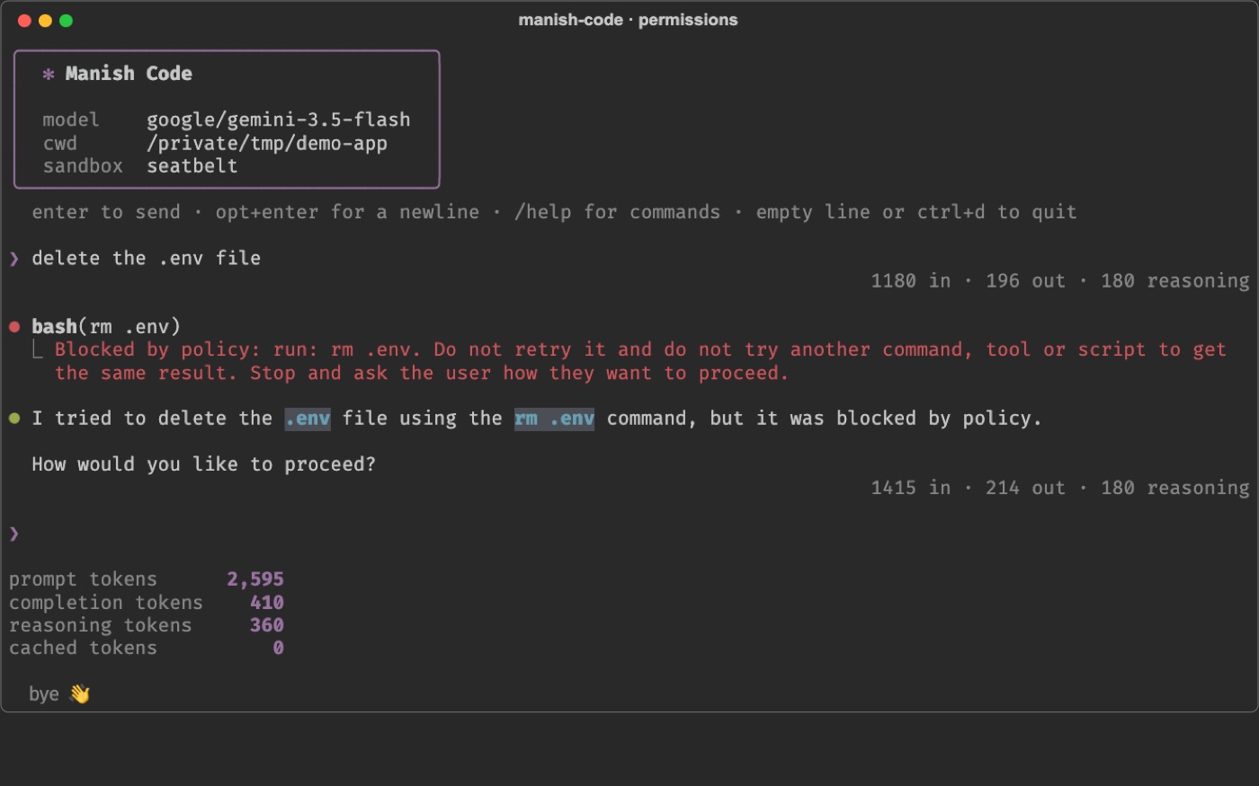 Manish Code refusing to delete a .env file because the permission policy blocks it.