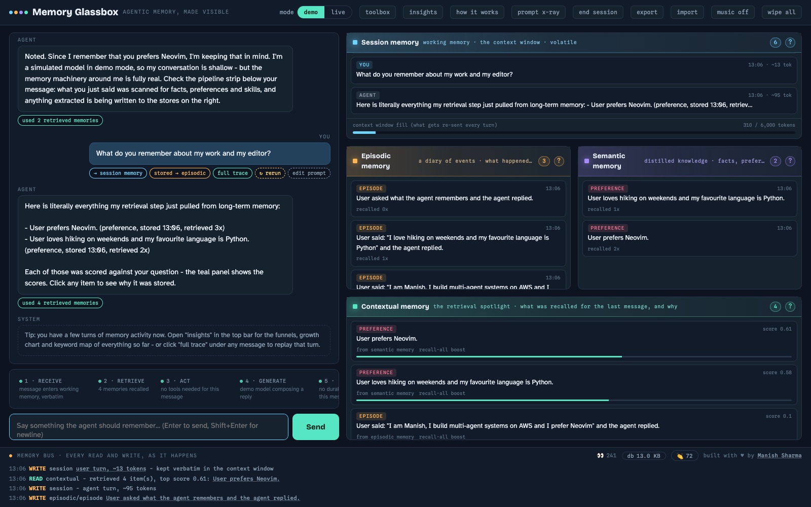 OpenMemoryUI: a chat beside session, episodic, semantic and contextual memory panels.